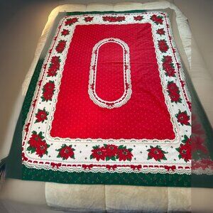 VTG Sunweave Linen Christmas Tablecloth Poinsettias Red & Green 69X49" rectangle